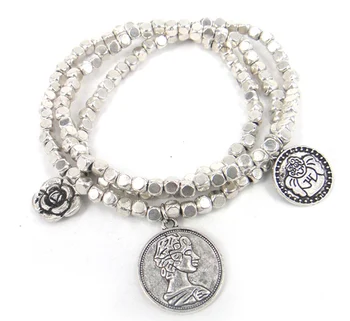

Free ship new arrive square beads 3 row bracelet with princess,gift and flower double charm alloy beads lady stretch bracelet