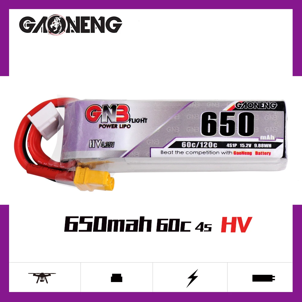 

Gaoneng GNB 650mAh 4S 15.2V 60C/120C HV Lipo battery with XT30 Plug for Beta85X Whoop Quadcopter FPV Racing Drone RC parts