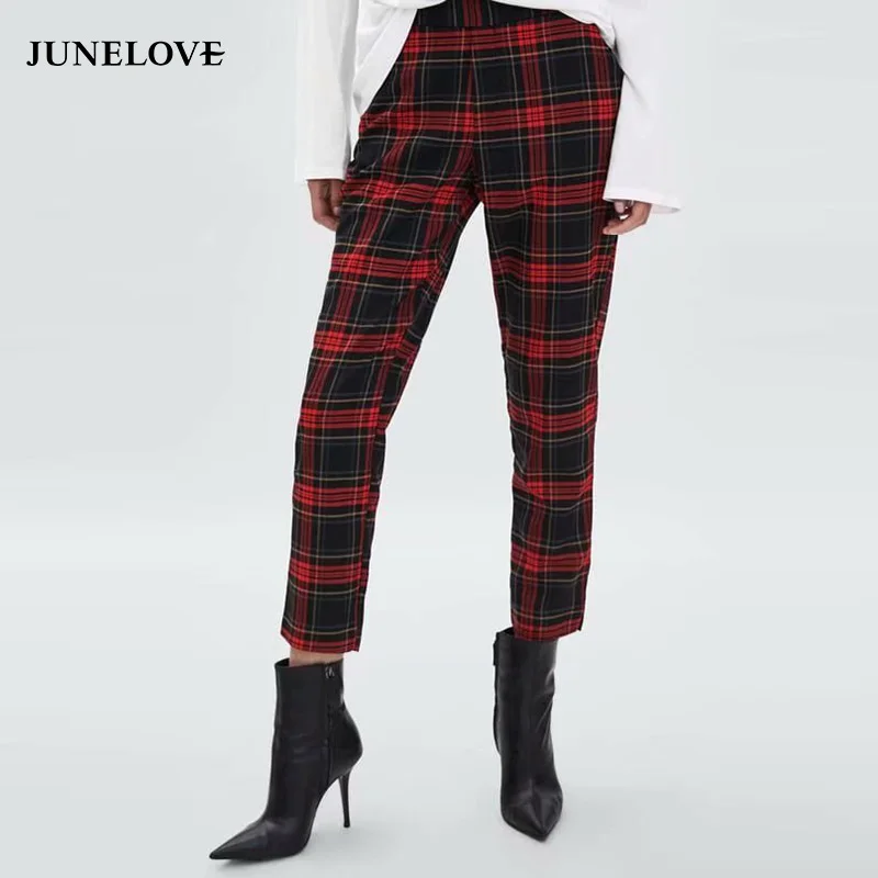 JuneLove, женские весенние повседневные клетчатые штаны, Ретро стиль, высокая талия, женские свободные длинные спортивные штаны, повседневные, Ретро стиль, дамские Модные шаровары