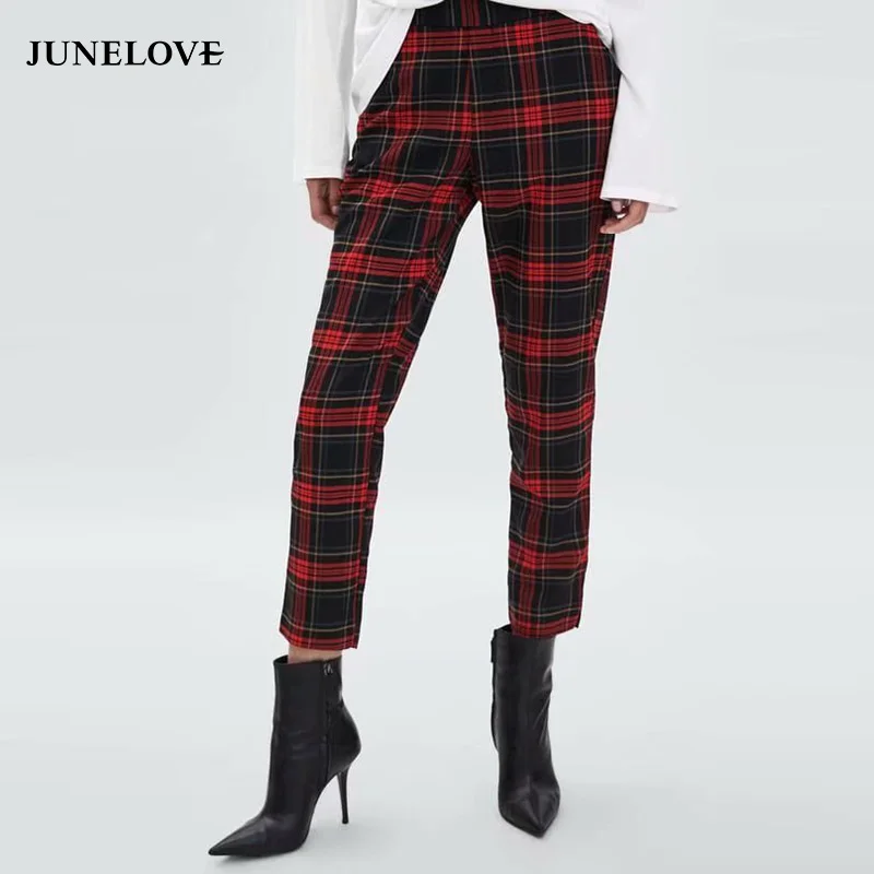 

JuneLove Women Spring Casual Plaid Pants Vintage High Waist Female Loose Long Sports Pants Casual Retro Lady Fashion Harem Pants