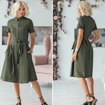 

2019 Elegant Button Dress Women Short Sleeve Shirt Dresses Office Ladies Work Dresses Womens Belted Midi Dresses New