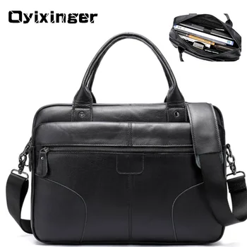 

Men Leather Laptops Briefcases For HP DELL Lenovo Macbook 14 Men's Genuine Leather Briefcase Male Totes Business Messenger Bags