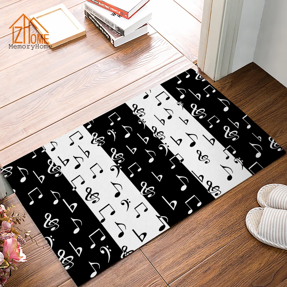 

Memory Home Fashionable Music Lovers Musical Notes Pattern Black White Non-slip Indoor Bathroom Kitchen Rug Doormat Floor Mat