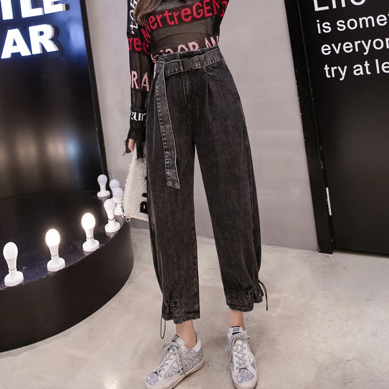 Cintura Mujer De Harem Mujeres Otoño 2018 Casual Streetwear Novio Las Pantalones Negro Elástico Mezclilla Alta Celebridad Vaqueros Abrigo nZpwRYHq1