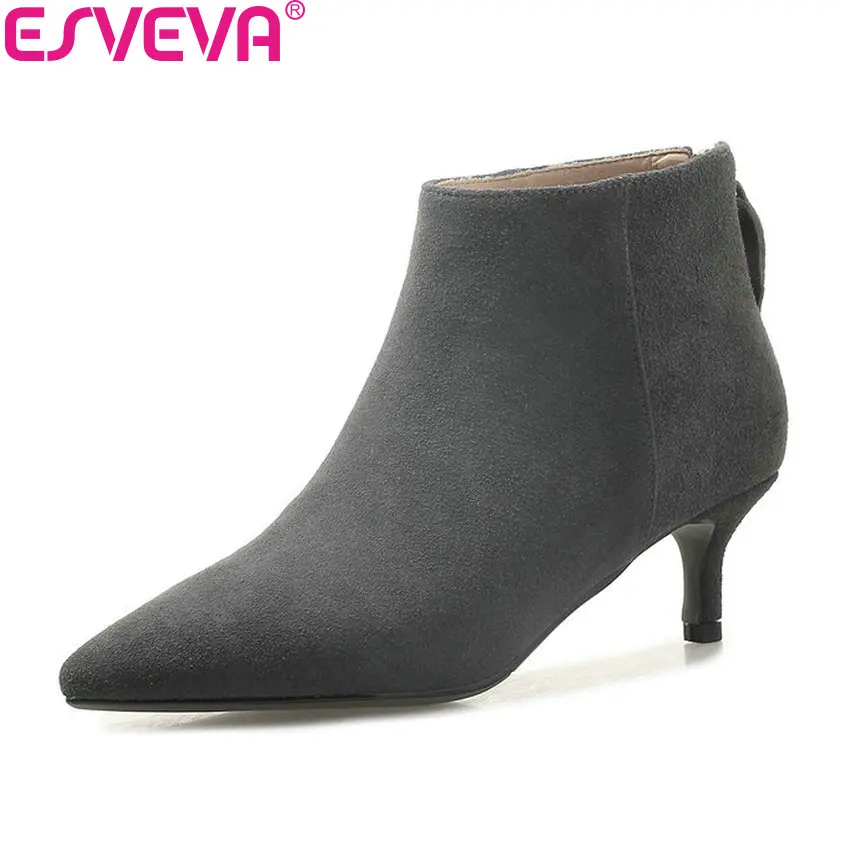 

ESVEVA 2019 Women Shoes Zipper Pointed Toe Med Heels Ankle Boots Shoes Sewing Fashion Thin Heels Autumn Woman Boots Size 34-39
