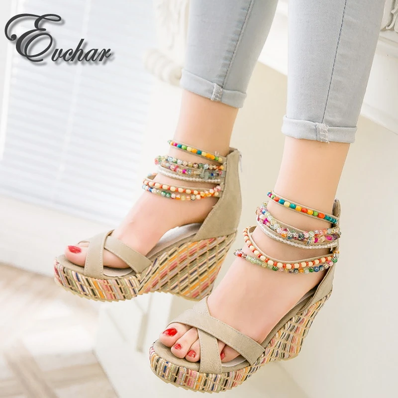 

String Beading Bohemia Style Summer Wedges Sandals Women super High Heels Sandals Ladies Platform Wedge Heel Shoes big size33-43