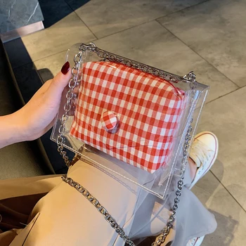 

New wave Korean Joker Messenger bag chain shoulder Plaid summer transparent bag