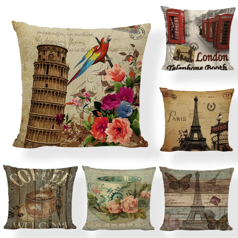 

Beautiful Paris Tower British Flag Wooden USA Cushion Cover 43*43CM Red Parrot Rustic Country Grape Home Decor Pillowcase