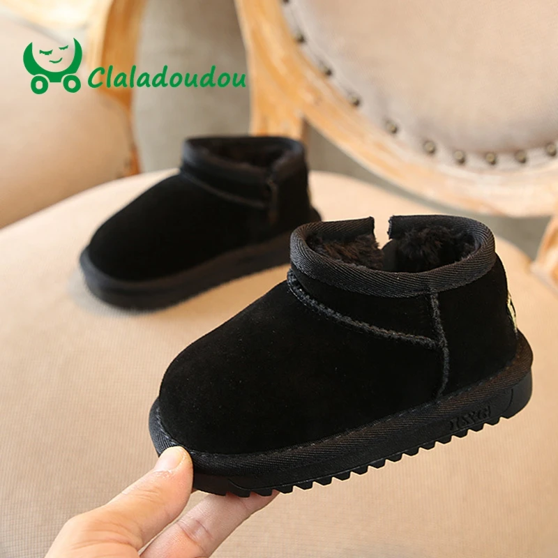 

Claladoudou 14-16CM Brand Genuine Leather Toddler Winter Shoes Child Baby Girl Fashion Pure Simple Boot Kid Black Plush Flats 11
