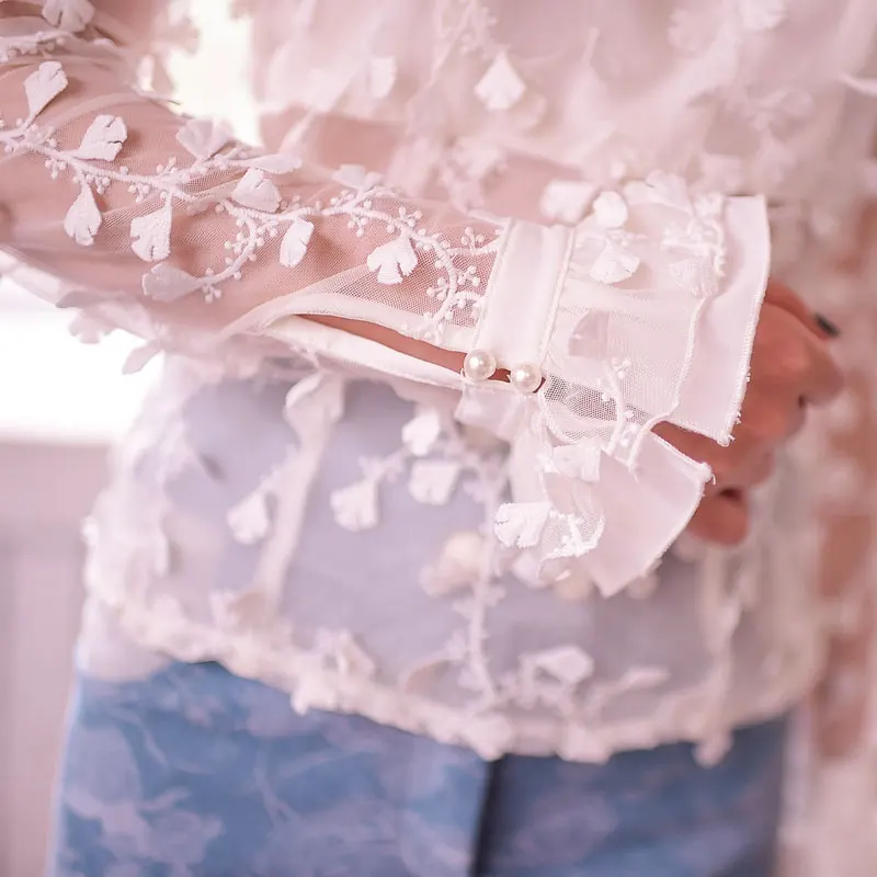 Принцесса сладкий Лолита рубашка конфеты дождь выдалбливают цветы прозрачная бабочка Длинные рукава Осень Кружевная блуза C15CD5851