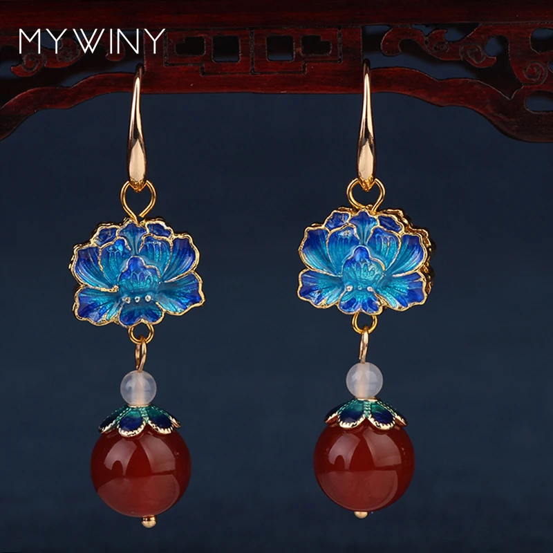 

NEW MYWINY fashion jewelry Copper jewelry Cloisonne flowers vintage earrings women, Chinese wind nature stones