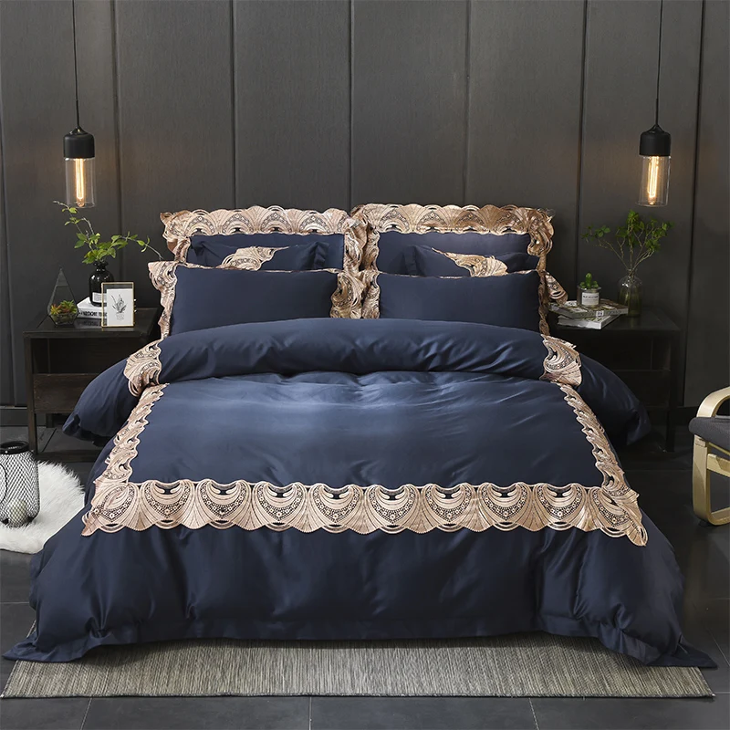 

Luxury 80S Tencel Blue Exquisite Lace Embroidery Bedding Set Queen King Size Duvet Cover Bed Linen Bed sheet Pillowcases 4/6pcs