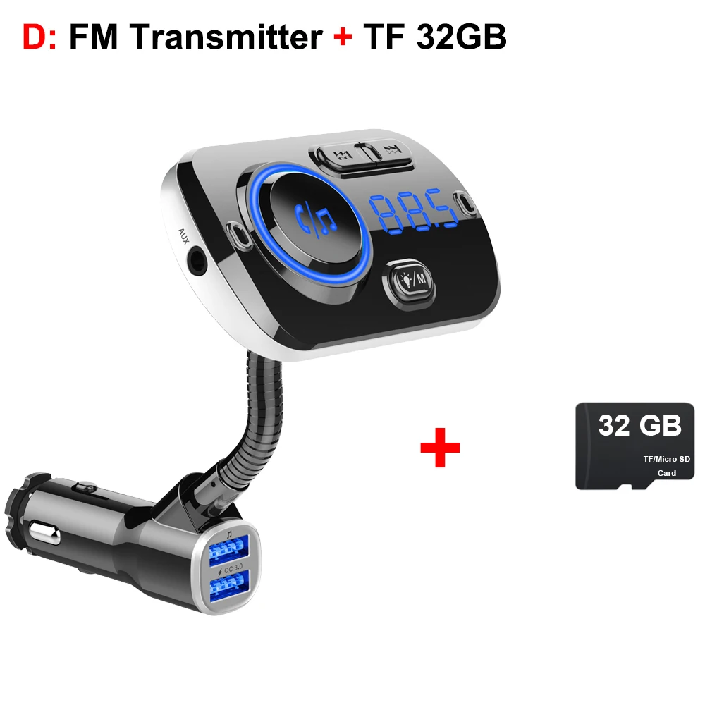 Автомобильный fm-передатчик Bluetooth V5.0, беспроводное радио, автомобильное зарядное устройство, адаптер MP3 с QC3.0, зарядка, поддержка USB, TF карта, светильник - Название цвета: D-FM Transmitter 32G