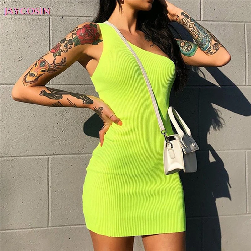 

2019 New Dress Fashion Women One Shoulder Solid Backless Mesh Bodycon Dress Classic Dresses Sexy Bodycon Club Vestidos #0616
