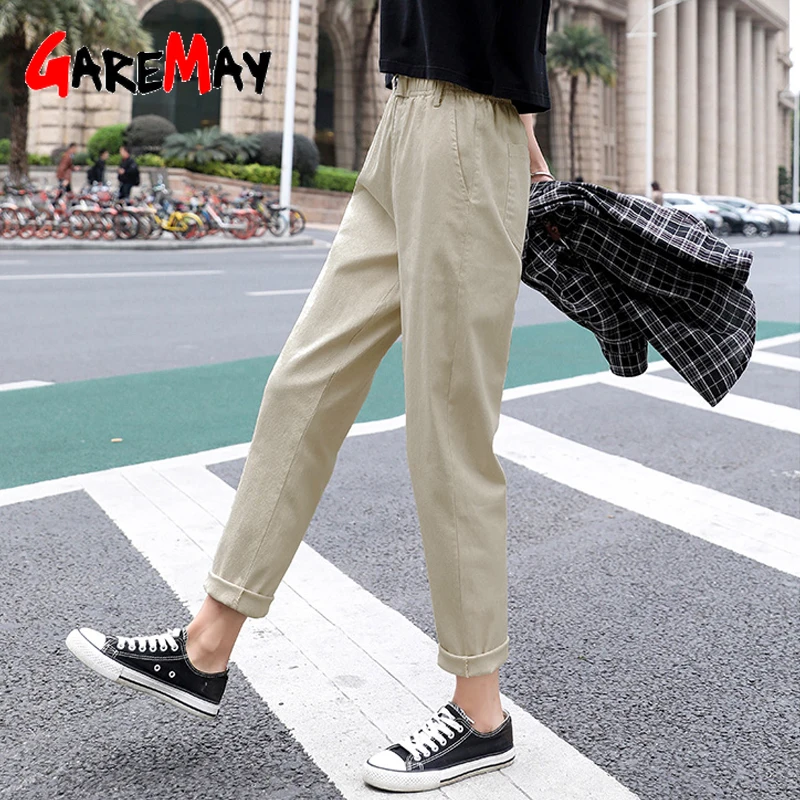 Garemay, одноцветные штаны-шаровары для женщин, с высокой талией, прямые, свободные, повседневные, женские классические брюки, хлопковые женские брюки размера плюс