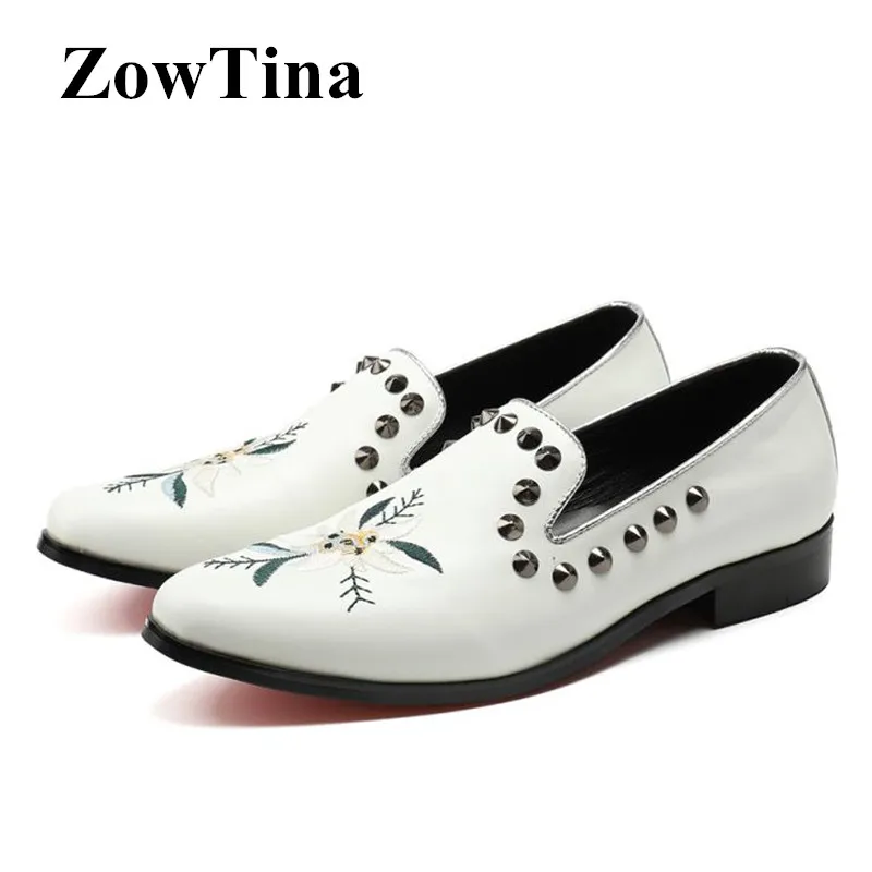 

Men White Genuine Leather Flats Slip On Embroidery Tenis Driving Shoes Man Studded Design Moccasin Homme Large Size 46 Zapatilla