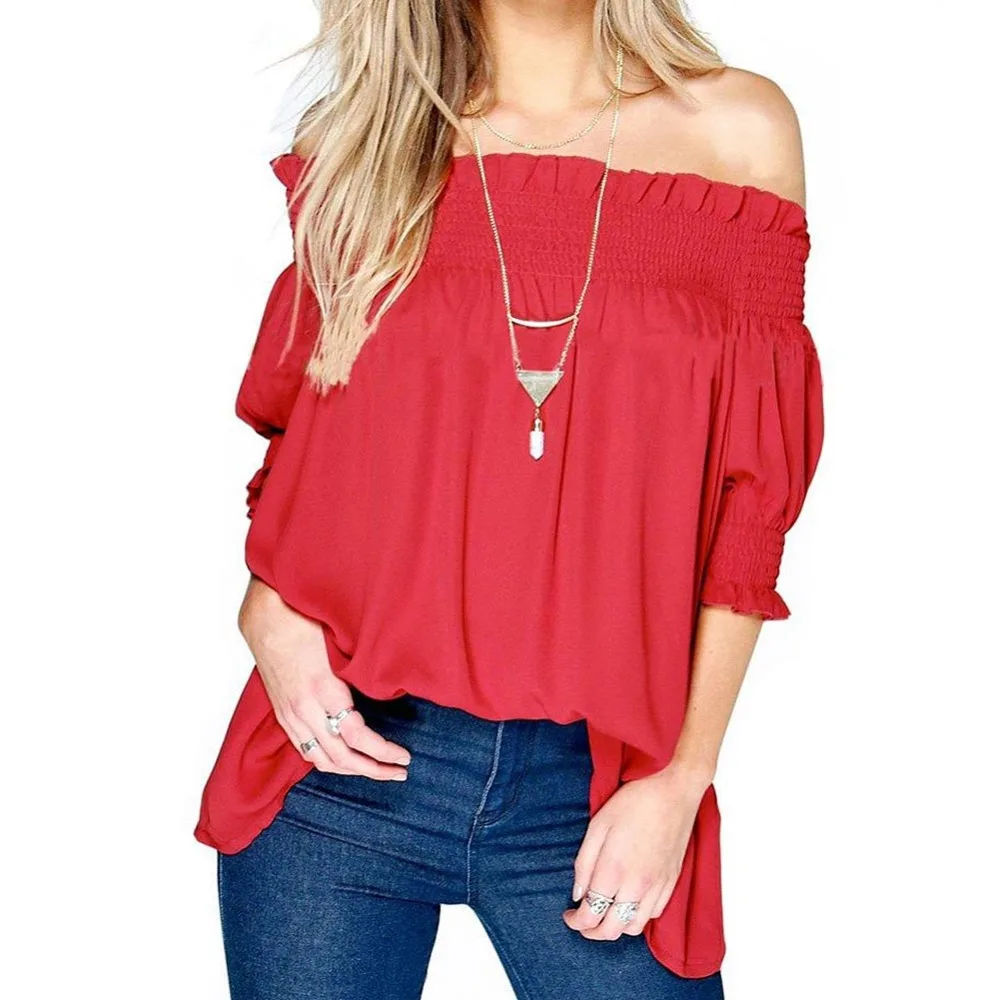 

Fashion Sexy slash neck ruffles women pullover shirt tops tees off shoulder beach summer style women blouses party loose blusa