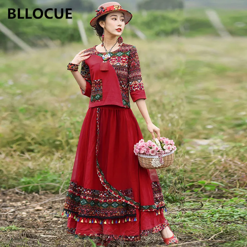 

BLLOCUE High Quality Runway Pastoral Wind 2019 Women Spring and Autumn Print Embroidered Top + Mesh Tassel Skirt Two-Piece Set