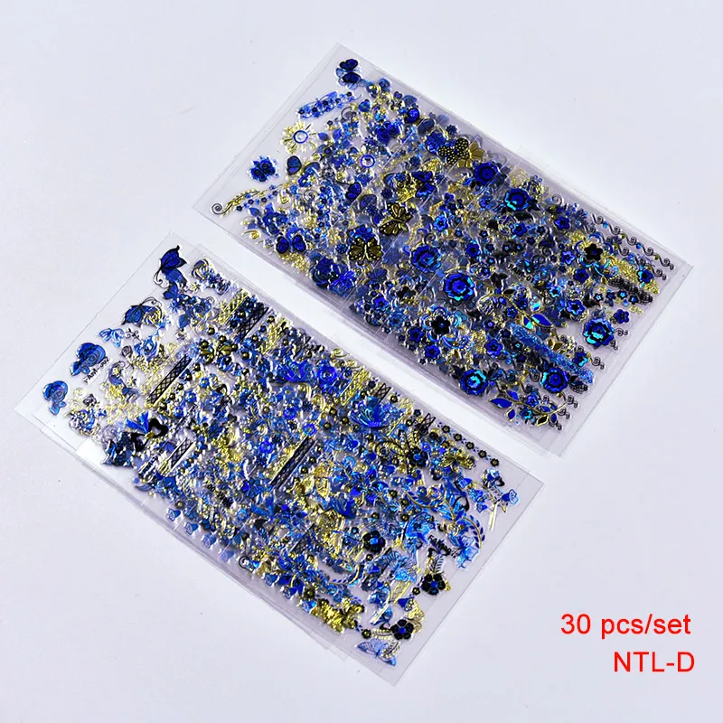 

30 Sheets/lot 3D Nail Sticker Tree Leaf Butterfly Floral Pattern Stamping Charms Bronzing Blue&Gold Nail Art Transfer Decal