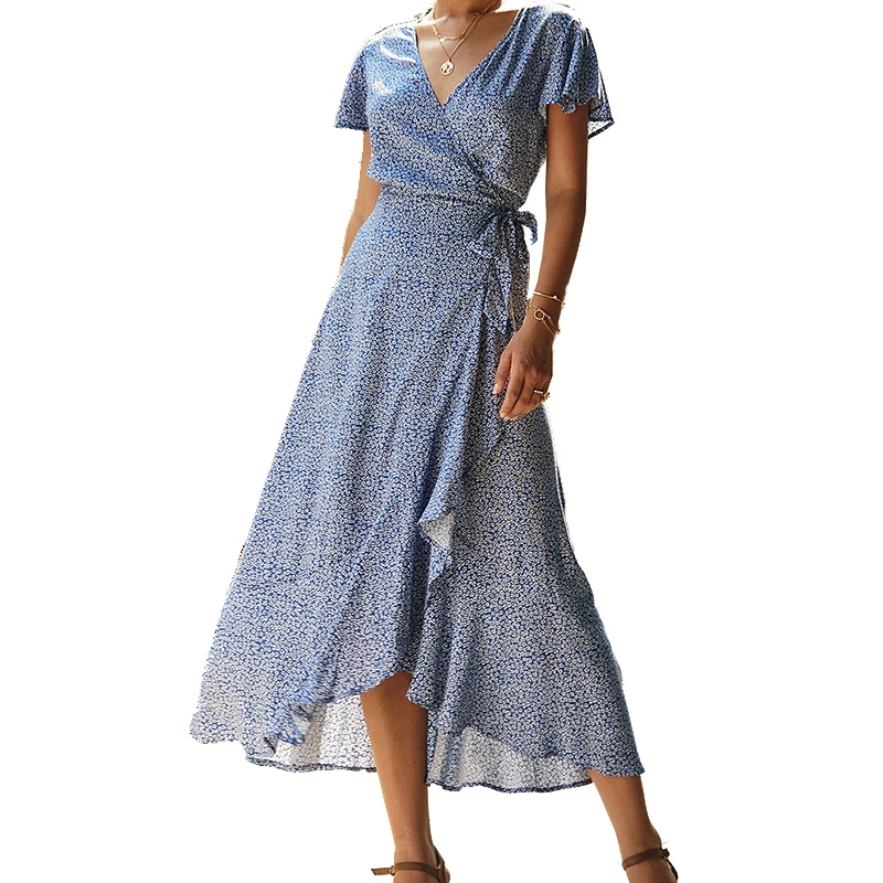 

2019 Summer Vacation Holiday Dress Boho Beach Printed Sashes Ruffles Bohemian Midi Dress V-Neck Irregular Short Sleeve Sundress