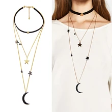 Черное бархатное ожерелье-чокер для женщин, трехслойное металлическое ожерелье с подвеской в виде звезд и Луны, модное Ювелирное Украшение
