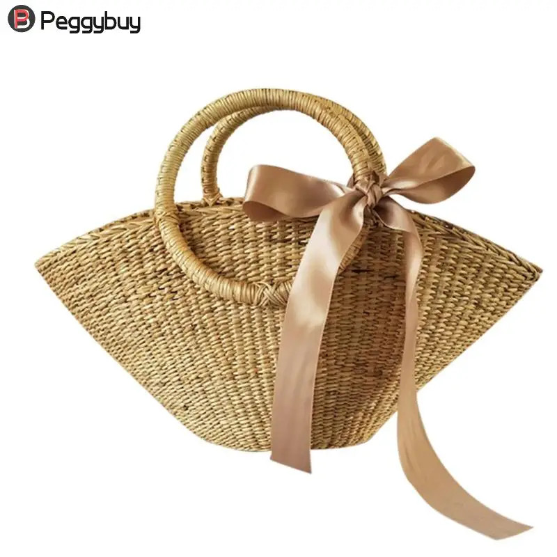 

Women Handmade Bag Fashion Pompon Vintage Summer Weaving Ladies Straw Bag Wrapped Beach Bag Moon Shaped Bag Zipper Wristlets