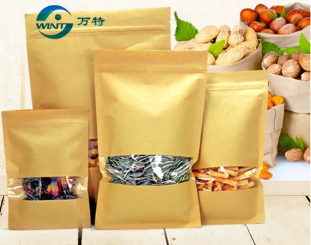 

Free shipping 16*26CM 100pcs/lot Zip lock Kraft Paper Window Bag Gift Dried Snack tea packaging Pouch Zipper Sealing Bags