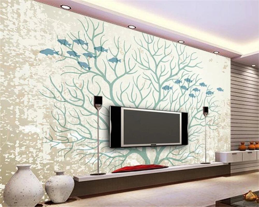 

beibehang Custom simple wallpaper abstract tree hand painted Mediterranean fish group TV backdrop wall wallpaper for walls 3 d