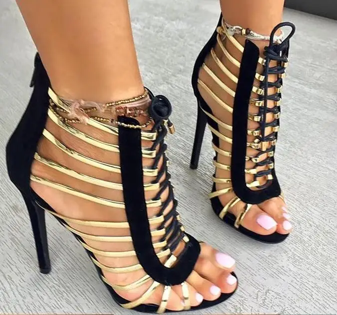 

Gold Straps Cut Out Women Gladiator Sandals Open Toe Lace Up High Heels Ladies Fashion Dress Shoes Outfit Shoes Free Shipping