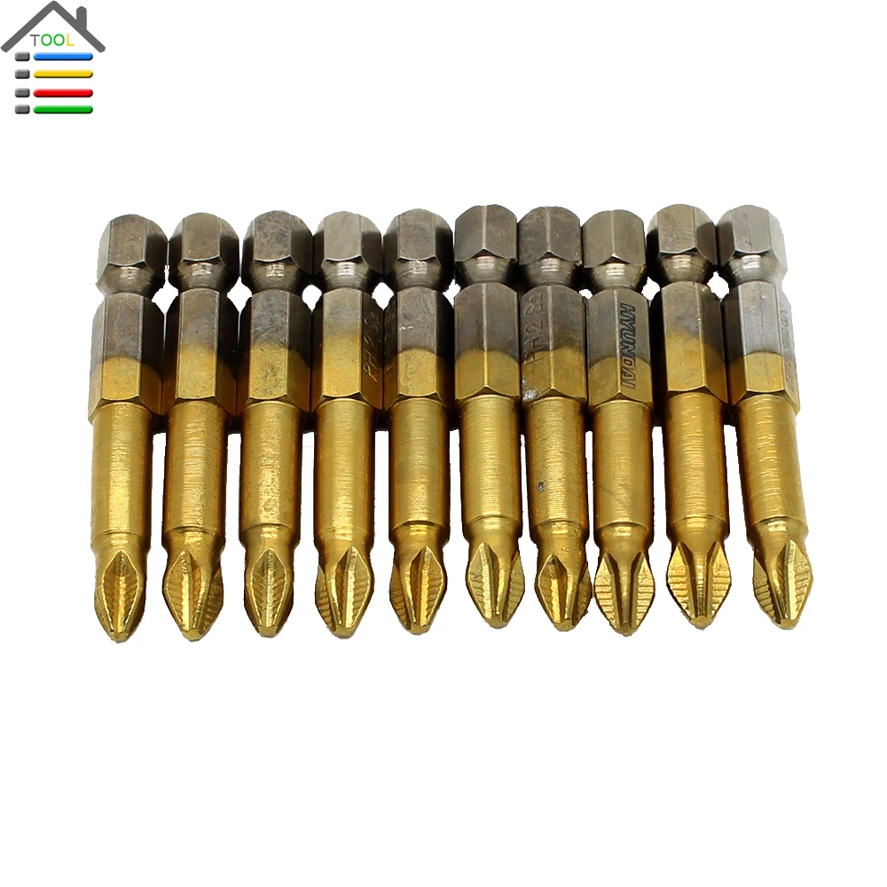 

10pc/Set S2 1/4 inch Hex Shank Titanium Coated Anti Slip Screwdriver Bits Set  L 50mm PH2 fit Electric Screwdriver Power Tools