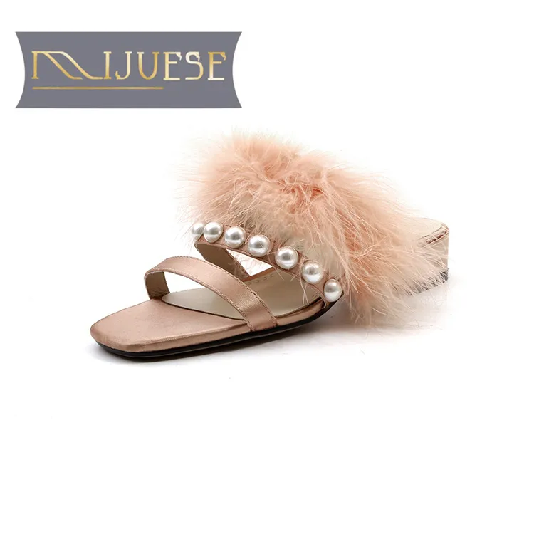

MLJUESE 2018 women slippers summer silk fur slip on peep toe pearls pink color pumps slides sandals women mules