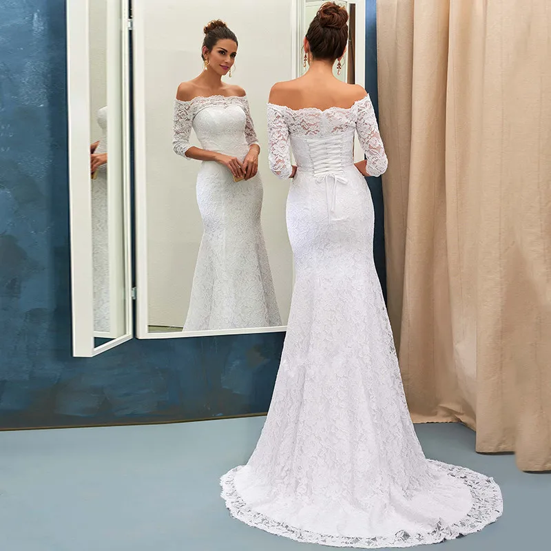 

Modest Lace Mermaid Wedding Dress 2019 Vestido De Noiva Off The Shoulder Wedding Gowns Half Sleeves Bride Dresses Handmade