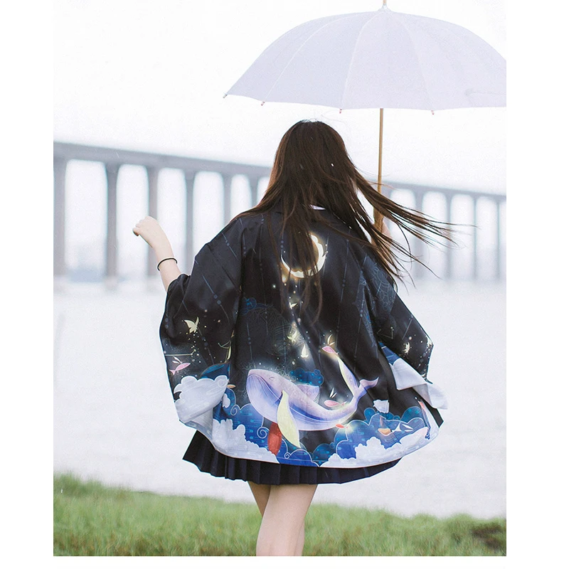 Women Shirt Harajuku Kimono tunic 2019 Casual Summer Whale Printed Chiffon Sun Protection Women Clothing Blouse Outerwear plus
