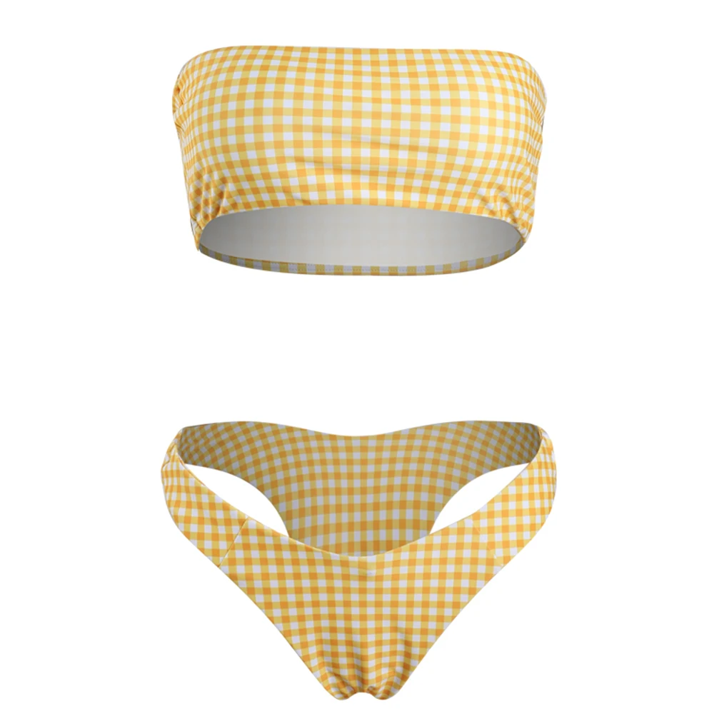 Floylyn сексуальный женский бикини Желтый Клетчатый купальник с открытыми плечами пуш-ап купальник пляжный купальный костюм Biquini Maillot De Bain