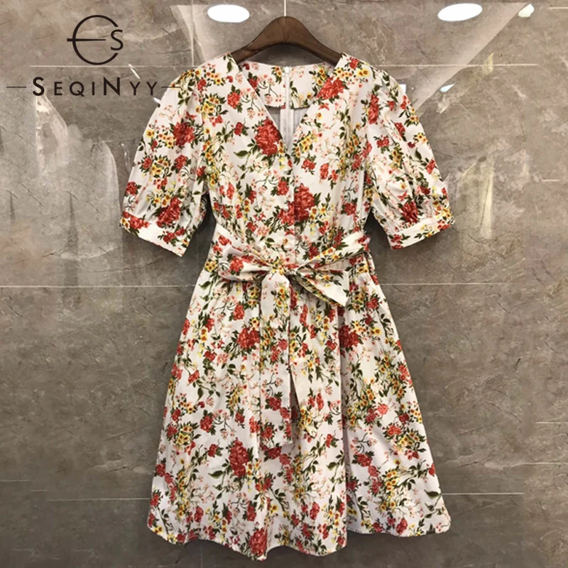 SEQINYY хлопковое платье летнее Новое модное дизайнерское красное платье с короткими рукавами и цветочным принтом ТРАПЕЦИЕВИДНОЕ мини-платье для женщин