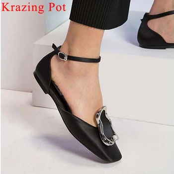

Krazing Pot original dsign luxury silk buckle strap flat with vocation daily wear square toe metal decoration hollow flats L68