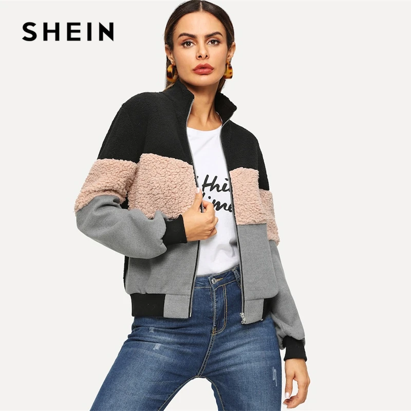 

SHEIN Multicolor Color Block Mixed Media Teddy Stand Collar Jacket Autumn Casual Crop Zipper Elegant Women Coat Outerwear