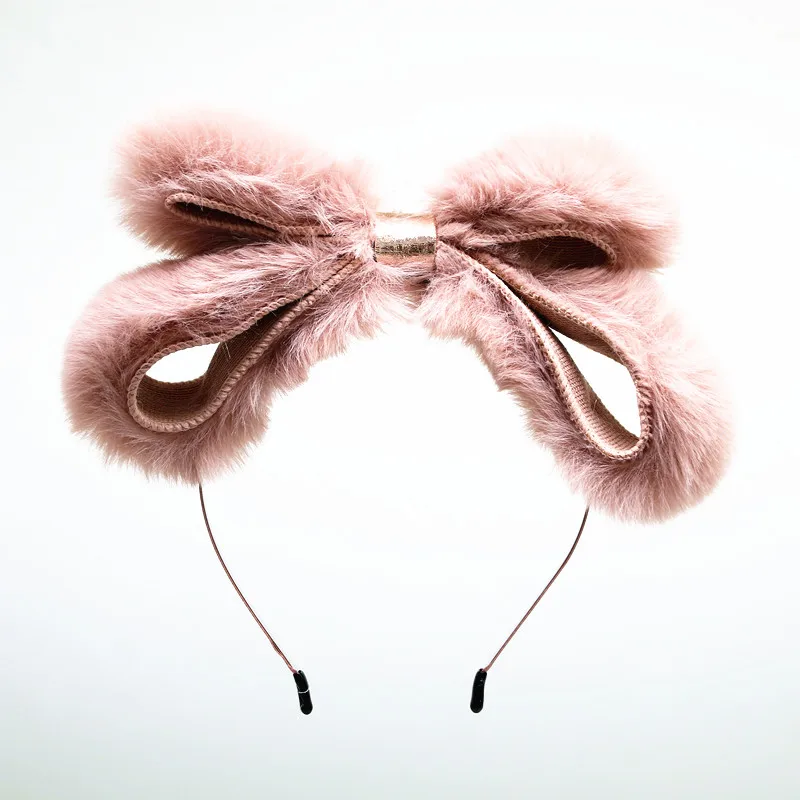 Новинка, зимний стиль, искусственный мех кролика, двойной бант, огромный бант, аксессуары для волос для девочек, повязки для волос - Цвет: pale pink
