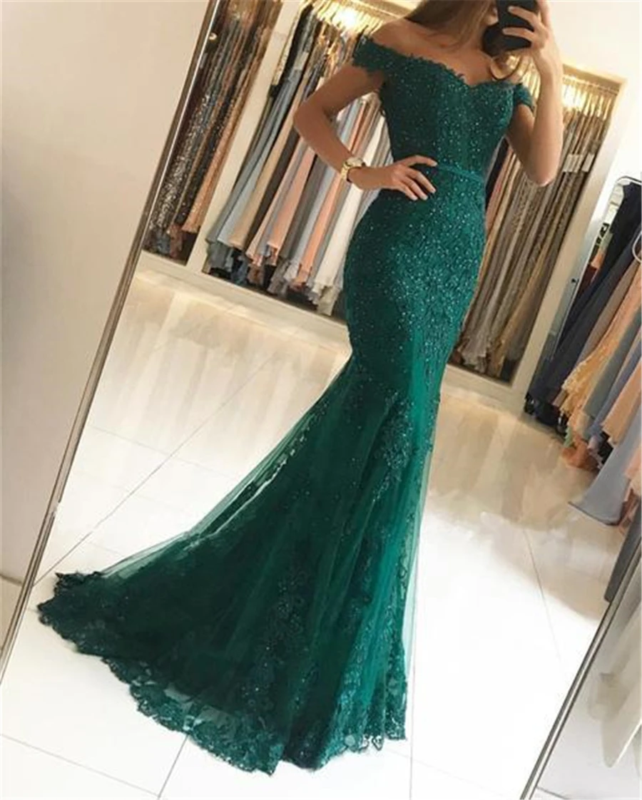 

Elegant Off the Shoulder Lace Mermaid Prom Dress with Beads Slim Green Evening Dresses Formal Party Gowns Long