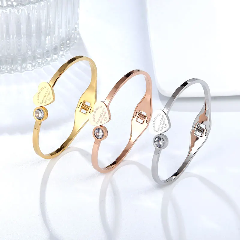 

New Arrival Open Spring Adjustable Size Crystal And Peach Heart Bracelet For Women Stainless Steel Brand Jewelry Love Gift