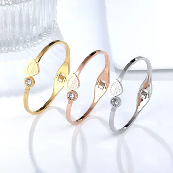 

New Arrival Open Spring Adjustable Size Crystal And Peach Heart Bracelet For Women Stainless Steel Brand Jewelry Love Gift