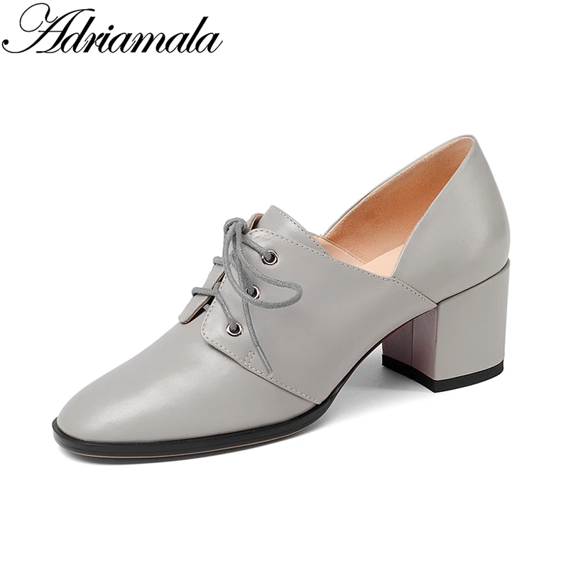 

2018 Cow Leather Lace Up Thick Heels Women Ankle Boots Brand Designer Fashion Leather High Heels Women Shoes Boots Adriamala