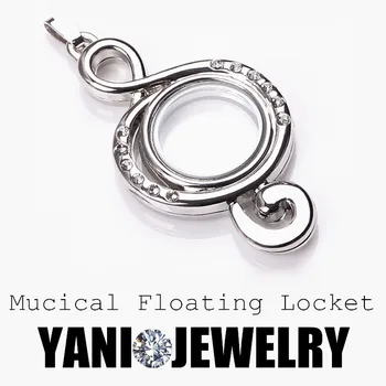 

Free Chain 5pcs/lot Newest 4 Colors Floating Locket Musical Note with Crystal Floating Locket Pendant