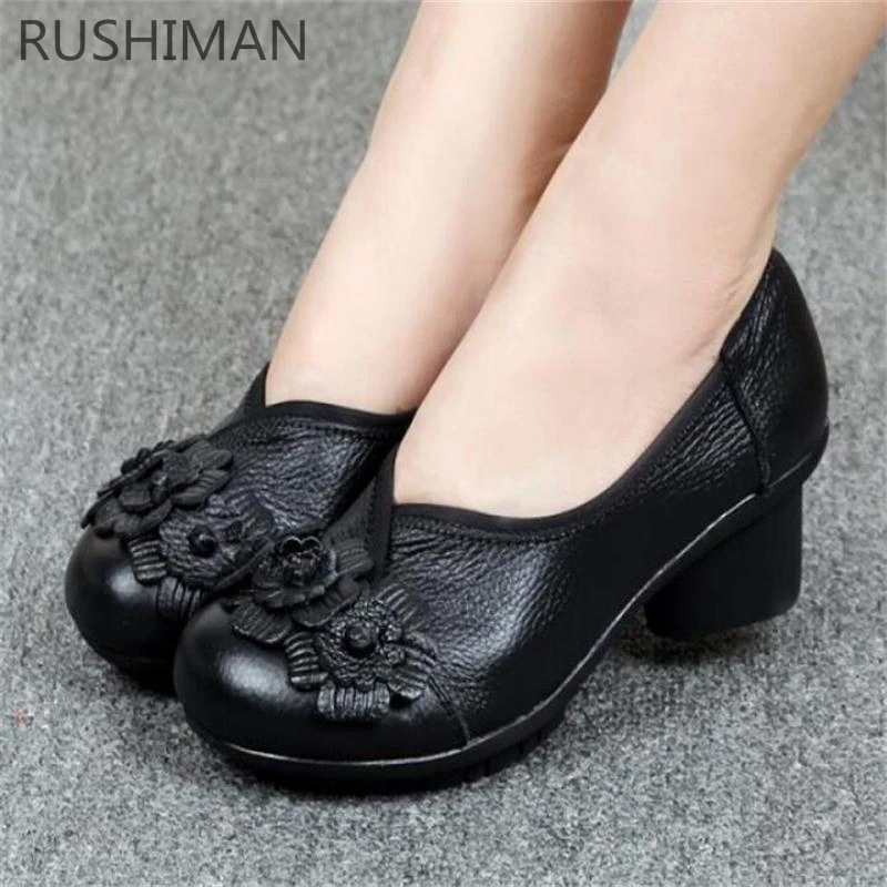 

RUSHIMAN new flowers women's singles retro national style handmade leather original female shoes non-slip soft shoes size 35-42