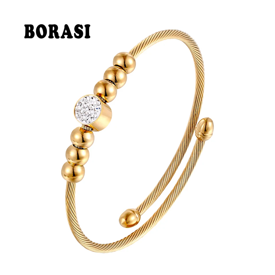 

BORASI Classic Round Ball Stainless Steel Bracelets & Bangles Crystal Jewelry Gold Color Female Gifts Charm Bracelets For Women
