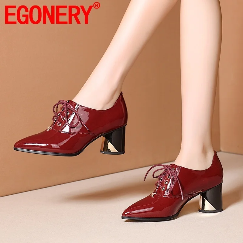 

EGONERY woman shoes spring new fashion sexy pointed toe patent leather woman pumps outside high heels cross-tied ladies shoes