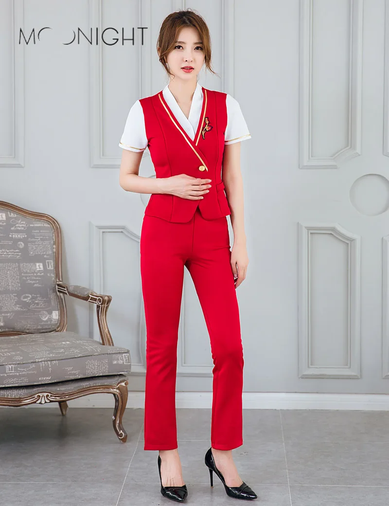 MOONIGHT 2019 Women Sexy Stewardess Air Hostess Uniform Top with Pants Cosplay Flight Attendant Suit | Тематическая одежда и