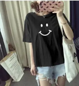 

Free delivery Women Cartoon Smile Face T-Shirt Short Sleeve 0-Neck High Low Tops New
