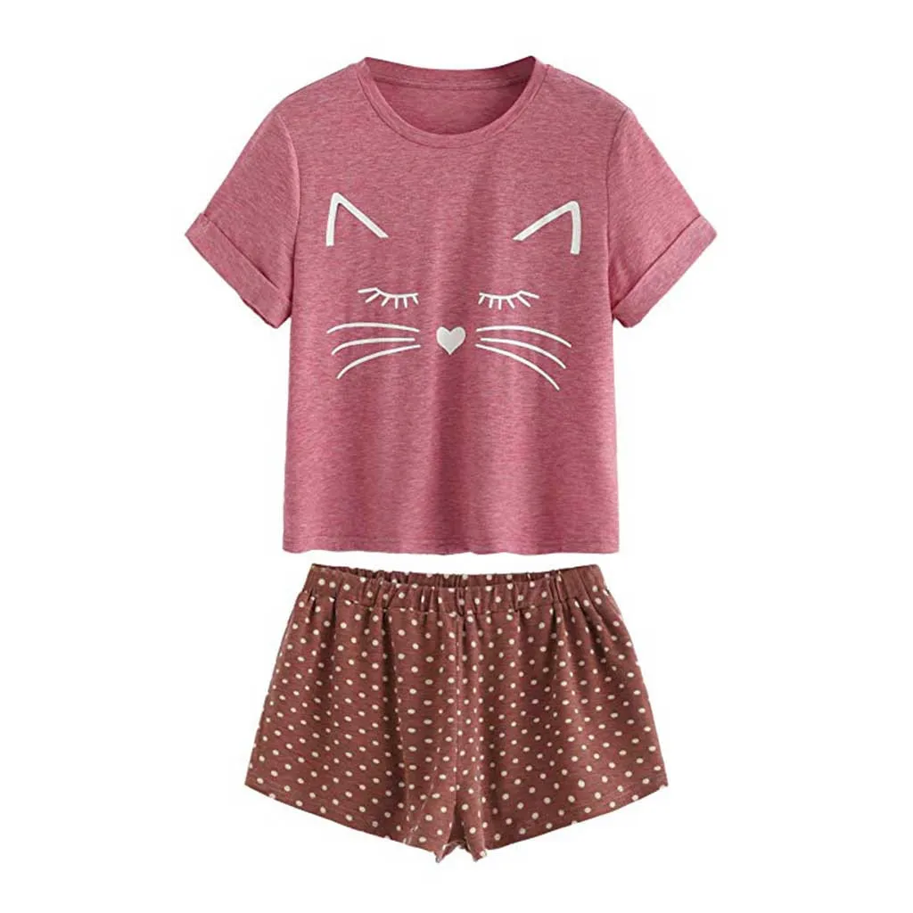 

pijama Women's Casual Cat Shorts Short Sleeve Ruffled T-Shirt Sleepwear Nightwear Set gecelik Cute lounge set shein pizama #080