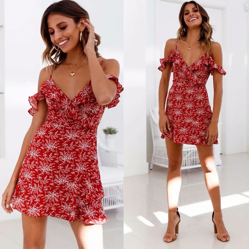 yinlinhe Red Floral Summer Dress Short Sleeve 2018 V neck Strap Women Dress Backless Slim Elegant Ruffles Vestidos  7
